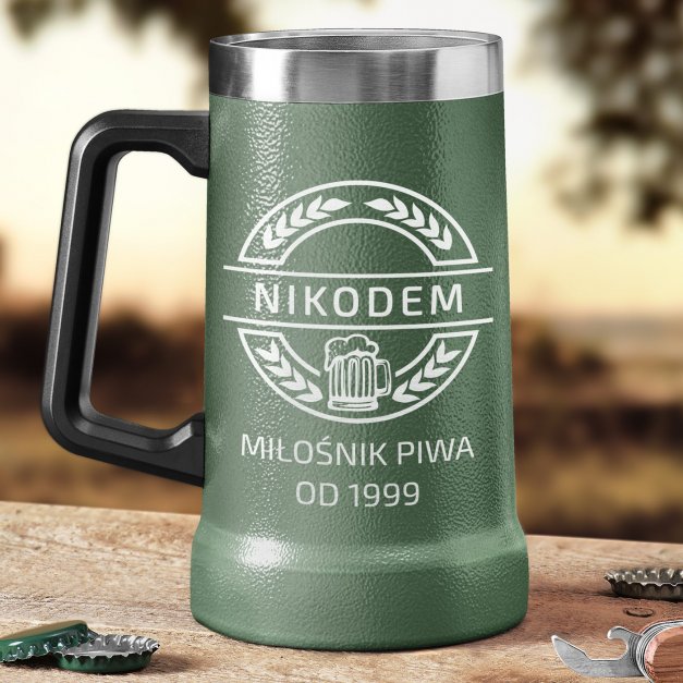 Zielony kubek termiczny kufel z grawerem dla piwosza na urodziny