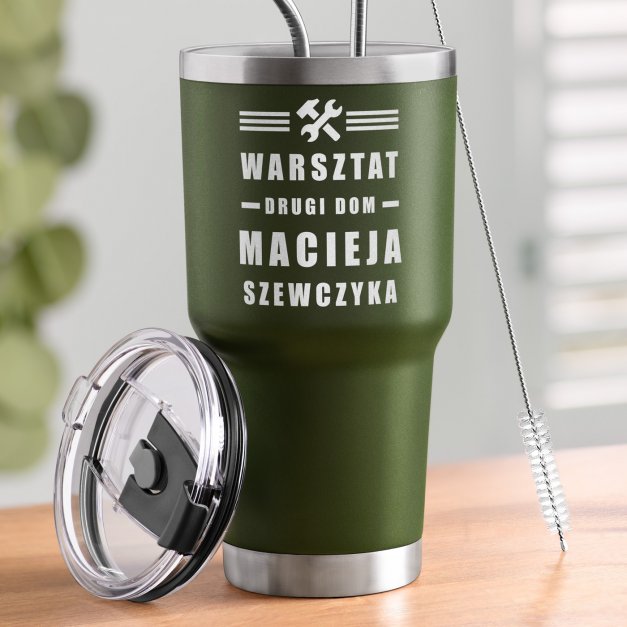 Zielony kubek termiczny z własnym grawerem dla majsterkowicza mechanika na imieniny