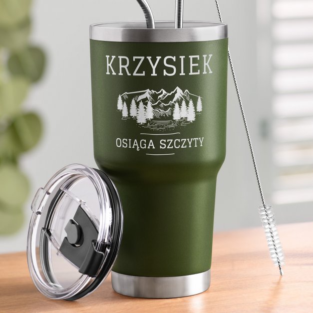 Zielony kubek termiczny z własnym grawerem dla miłośnika gór podróżnika na imieniny awans w prcy