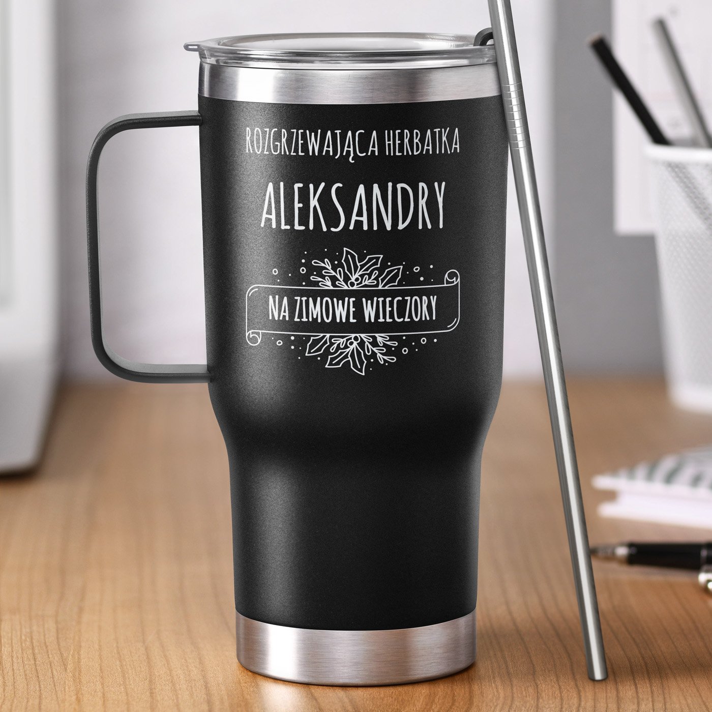 Czarny kubek termiczny z uchem i wasnym grawerem dla niej na wita mikoajki imieniny