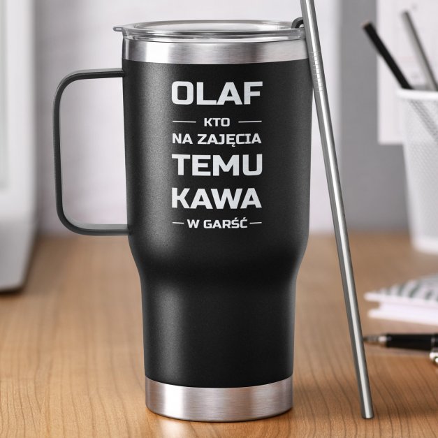 Czarny kubek termiczny z uchem i własnym grawerem dla studenta na imieniny
