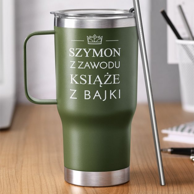Zielony kubek termiczny z uchem i własnym grawerem dla niego na imieniny