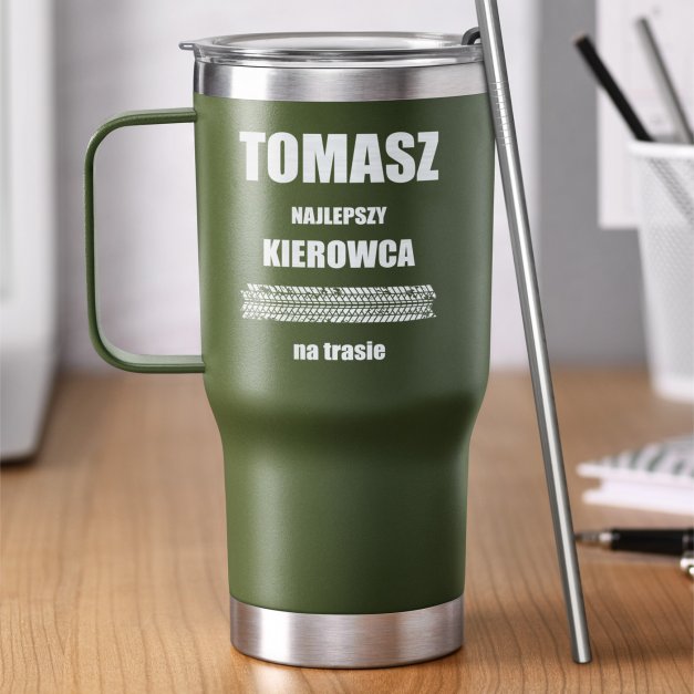 Zielony kubek termiczny z uchem i własnym grawerem dla kierowcy