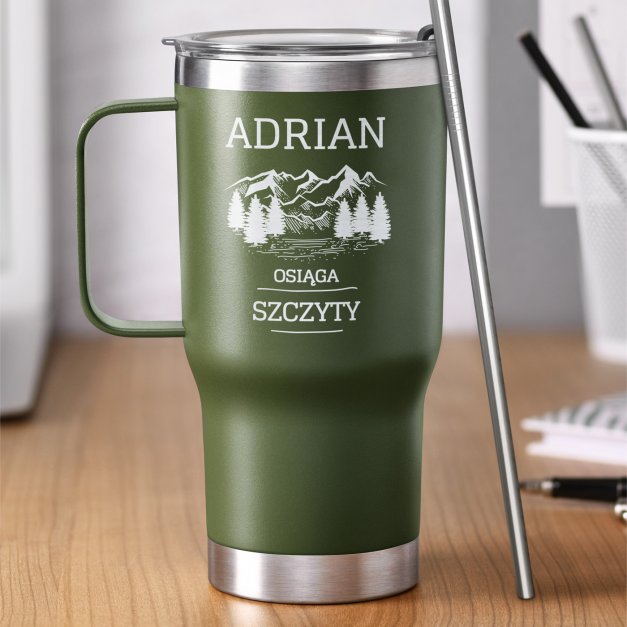 Zielony kubek termiczny z uchem i własnym grawerem dla miłośnika gór podróżnika na imieniny