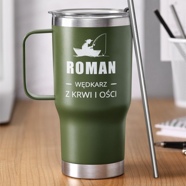 Zielony kubek termiczny z uchem i własnym grawerem dla wędkarza