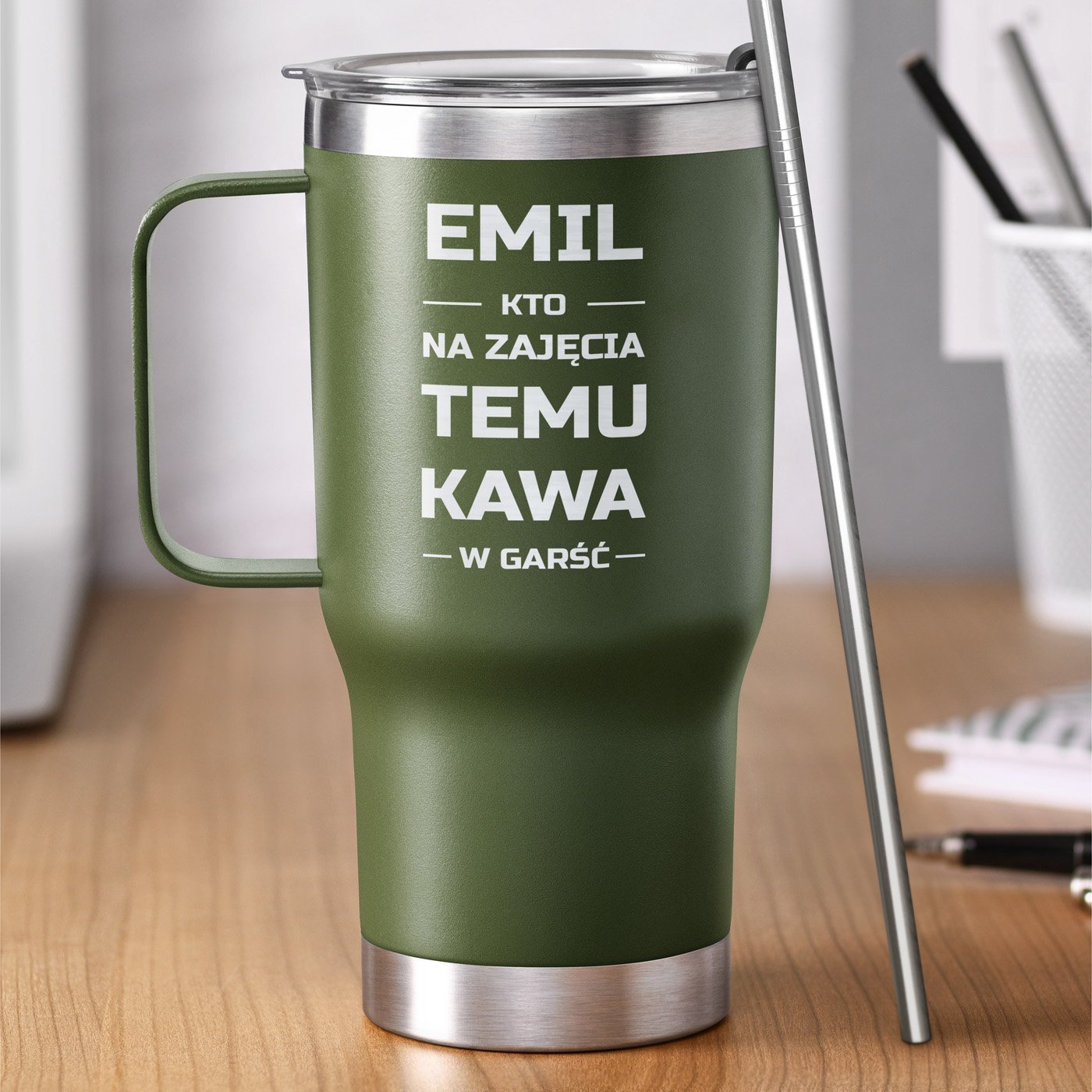 Zielony kubek termiczny z uchem i wasnym grawerem dla studenta na imieniny