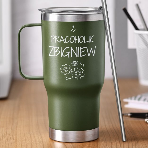 Zielony kubek termiczny z uchem i własnym grawerem dla pracownika na imieniny