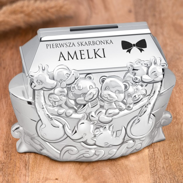 Skarbonka posrebrzana arka Noego z grawerem dla dziewczynki na imieniny