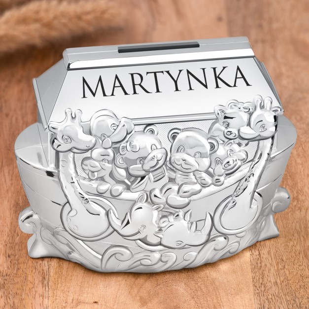 Skarbonka posrebrzana arka Noego z grawerem dla dziewczynki na imieniny