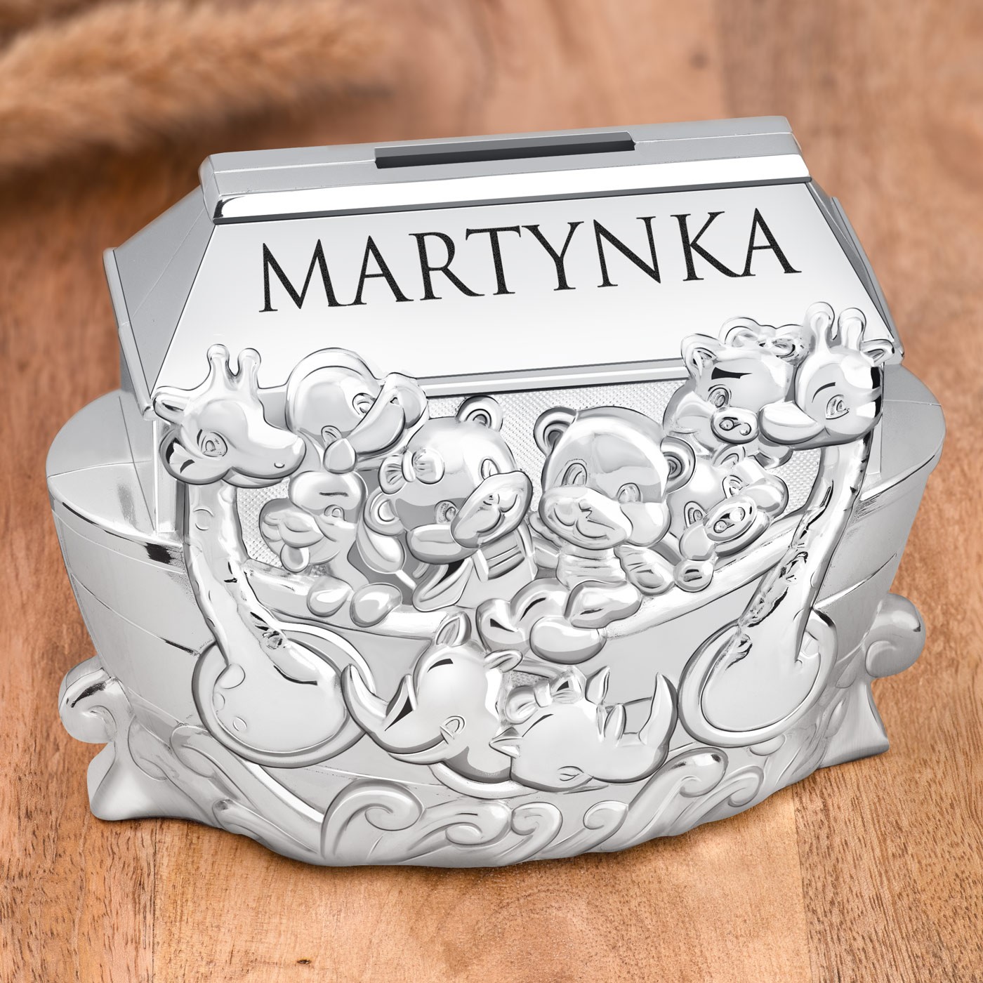 Skarbonka posrebrzana arka Noego z grawerem dla dziewczynki na imieniny