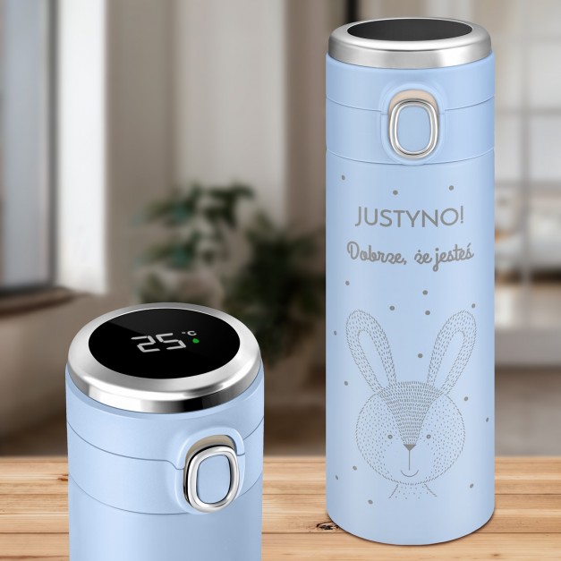 Kubek termiczny niebieski z wyświetlaczem LED i grawerem dla niej na imieniny walentynki