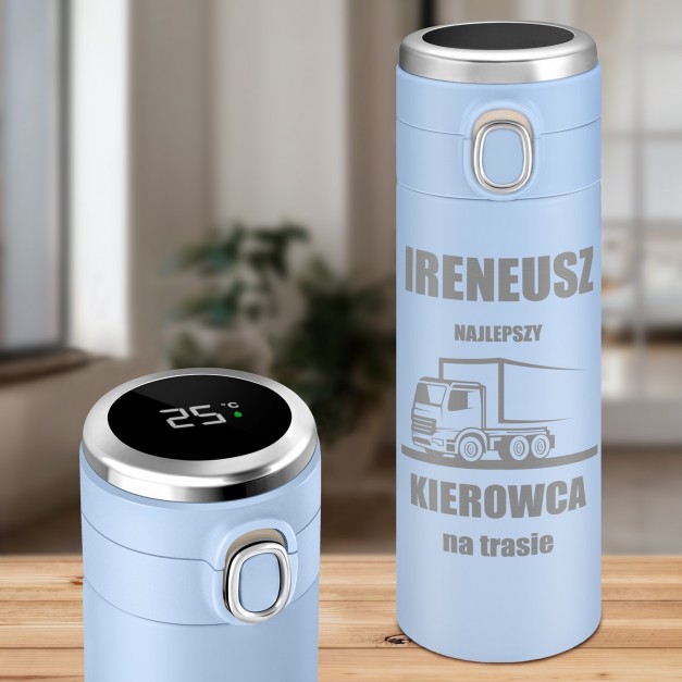 Kubek termiczny niebieski z wyświetlaczem LED i grawerem dla kierowcy na imieniny