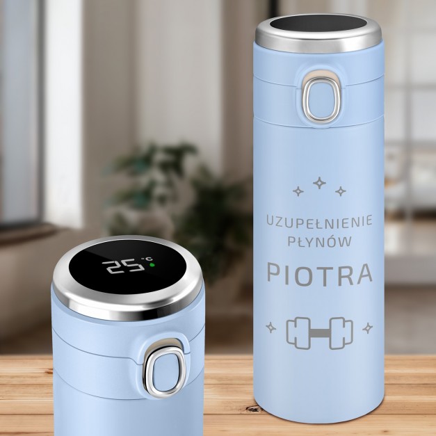 Kubek termiczny niebieski z wyświetlaczem LED i grawerem dla kulturysty sportowca na imieniny
