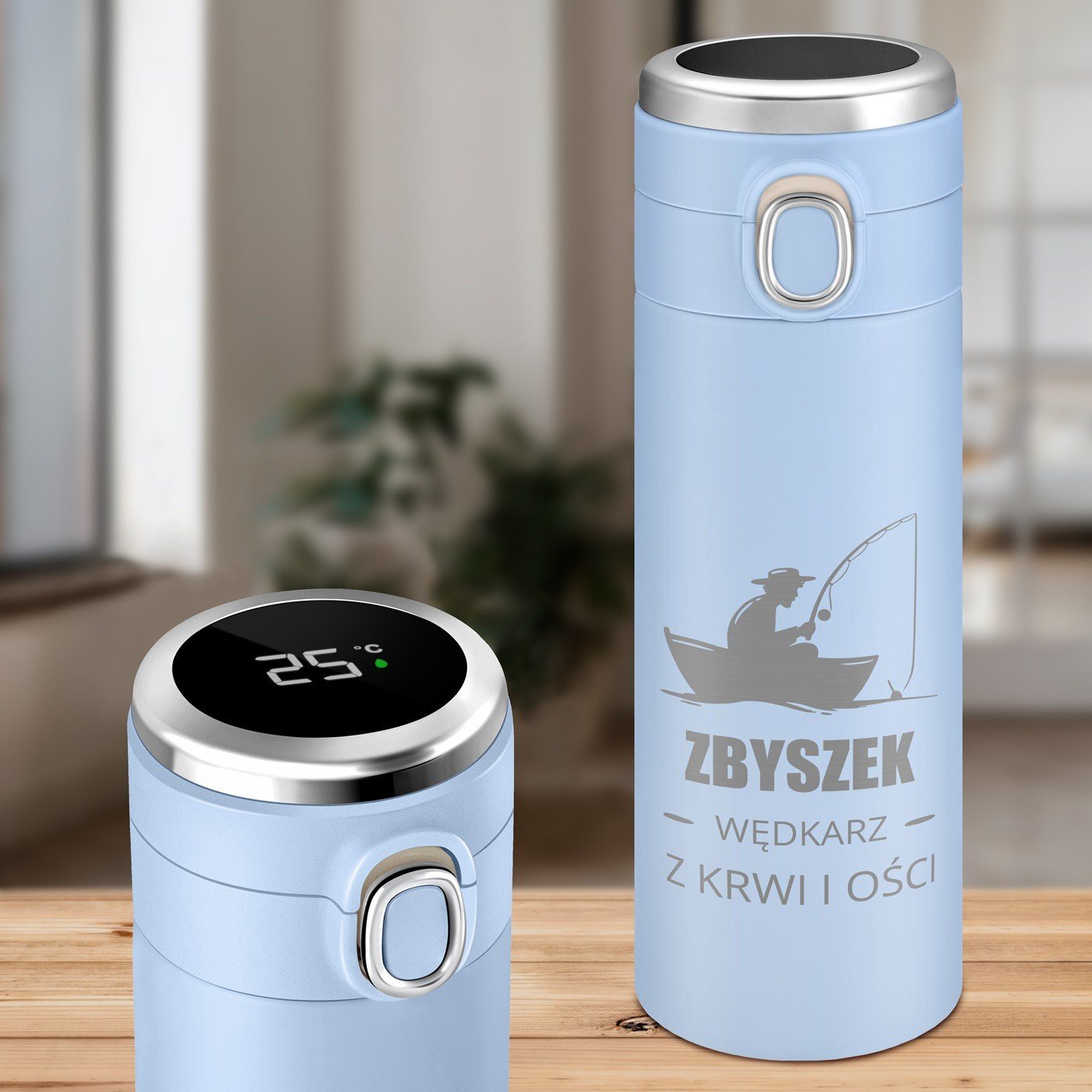 Kubek termiczny niebieski z wywietlaczem LED i grawerem dla wdkarza na imieniny