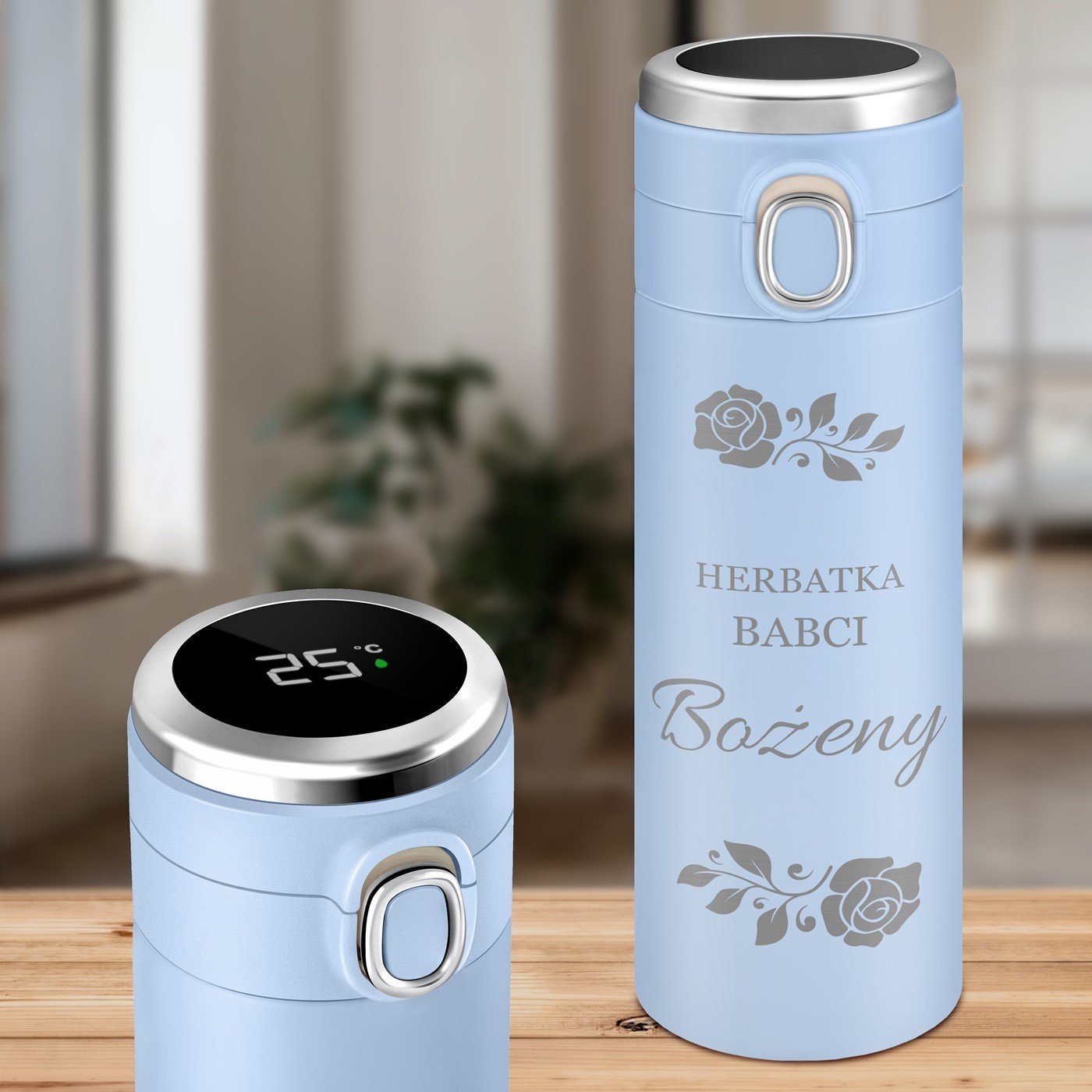 Kubek termiczny niebieski z wywietlaczem LED i grawerem dla babci