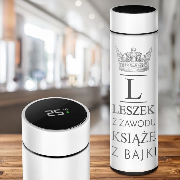Kubek termiczny termos biały z wyświetlaczem LED z grawerem dla niego na imieniny