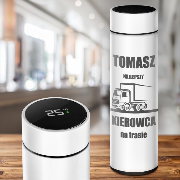 Kubek termiczny termos biały z wyświetlaczem LED z grawerem dla kierowcy