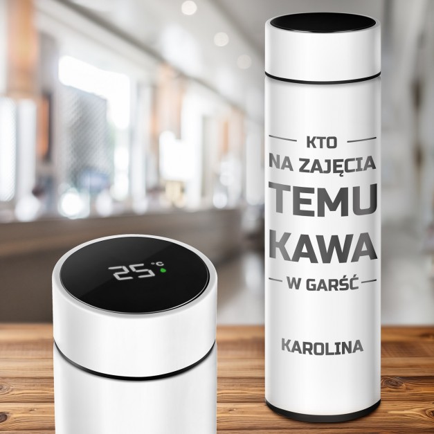 Kubek termiczny termos biały z wyświetlaczem LED z grawerem dla studentki na imieniny
