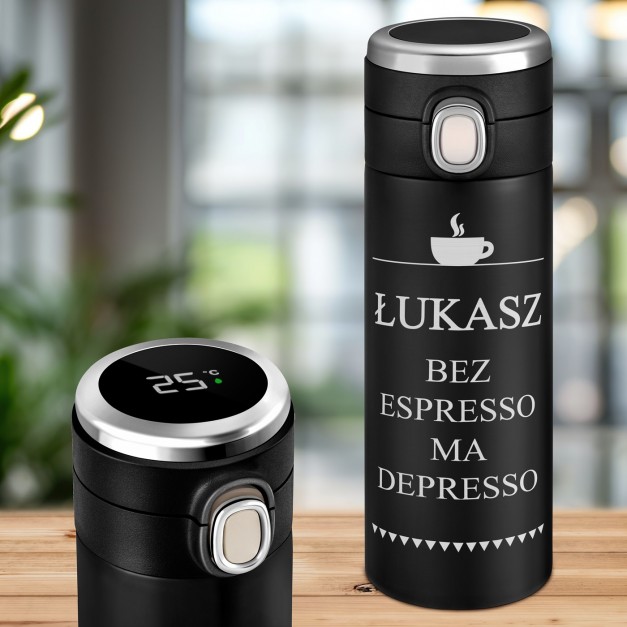Kubek termiczny termos czarny z wyświetlaczem LED i grawerem dla kawosza na imieniny