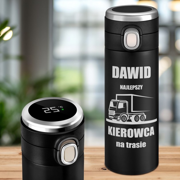 Kubek termiczny termos czarny z wyświetlaczem LED i grawerem dla kierowcy na imieniny