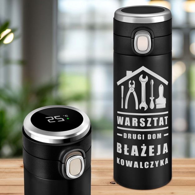Kubek termiczny termos czarny z wyświetlaczem LED i grawerem dla majsterkowicza
