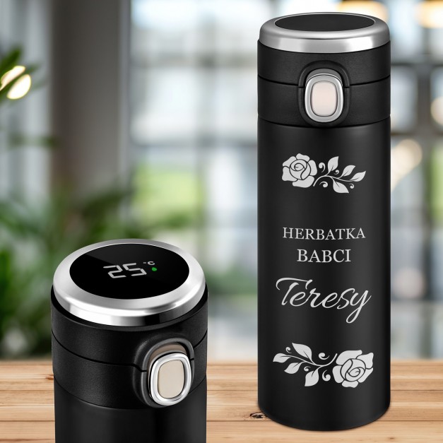Kubek termiczny termos czarny z wyświetlaczem LED i grawerem dla babci