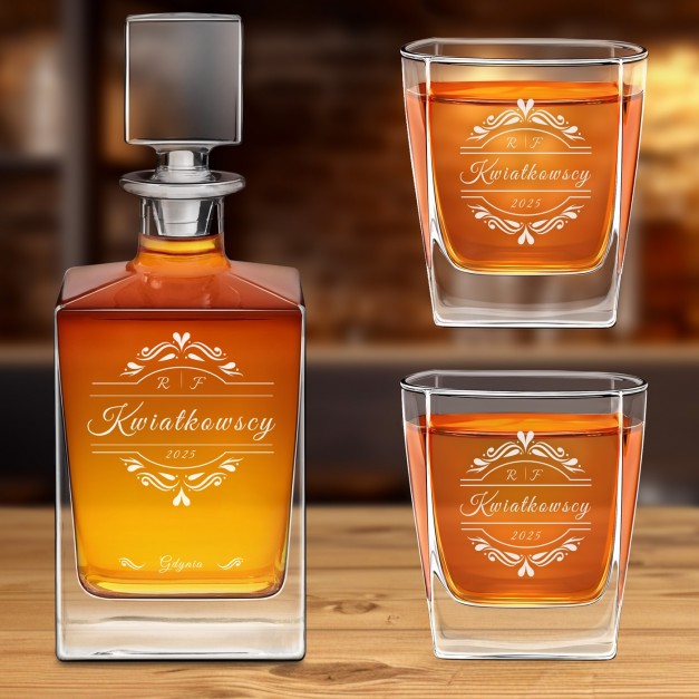 Karafka do whisky cube z 2 szklankami i grawerem dla pary na ślub rocznicę parapetówkę