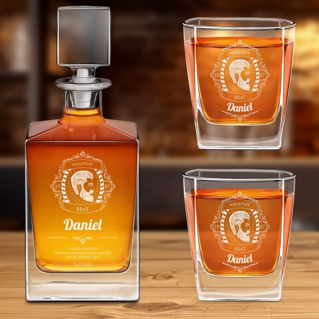 Karafka do whisky cube z 2 szklankami i grawerem dla brata brodacza na urodziny