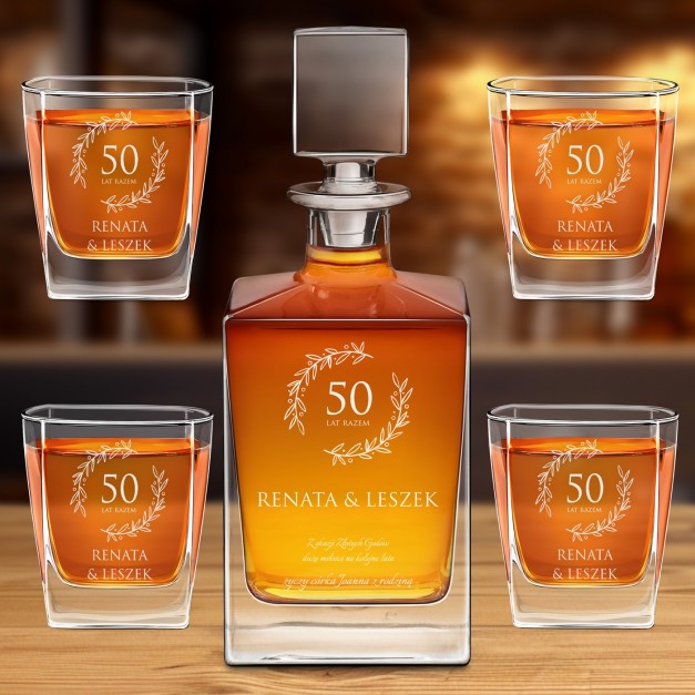 Karafka do whisky cube z 4 szklankami i grawerem dla pary na 50 rocznicę ślubu