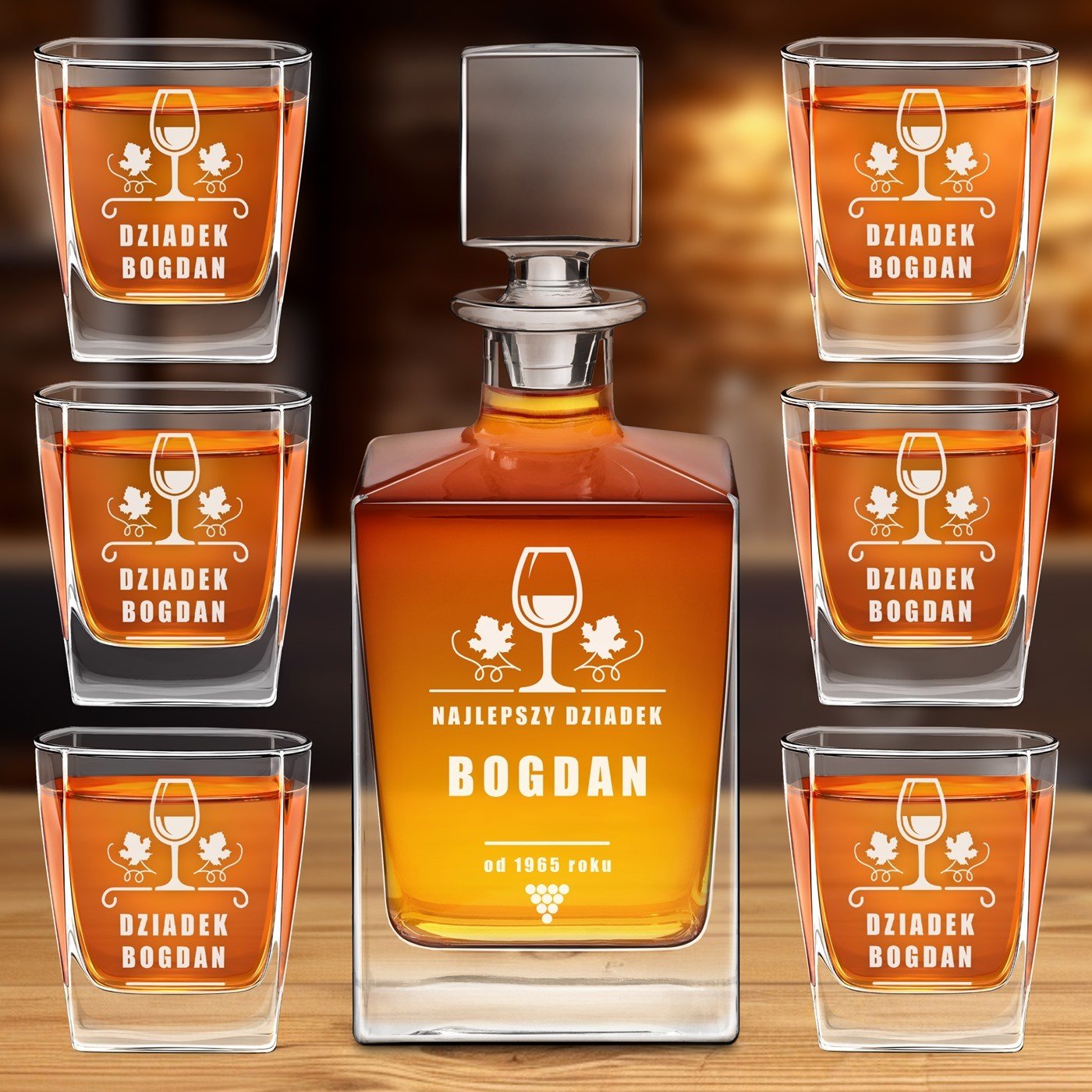 Karafka do whisky cube z 6 szklankami i grawerem dla dziadka na urodziny