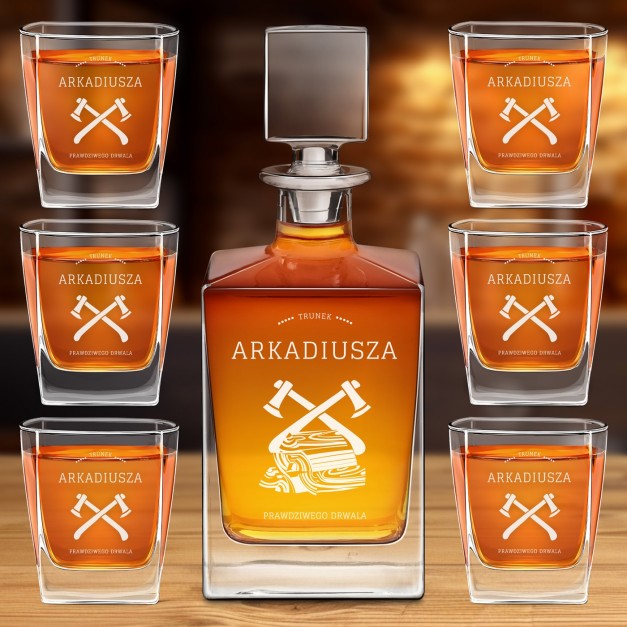 Karafka do whisky cube z 6 szklankami i grawerem dla drwala