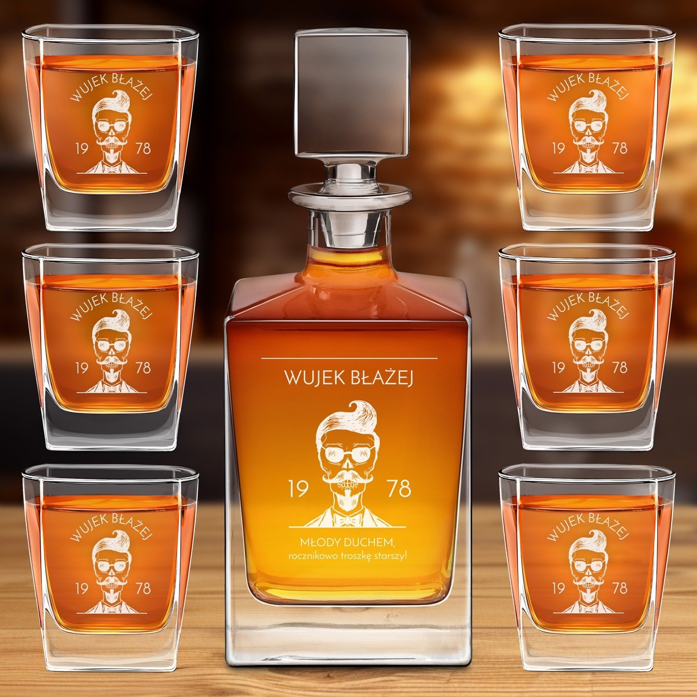 Karafka do whisky cube z 6 szklankami i grawerem dla wujka na urodziny