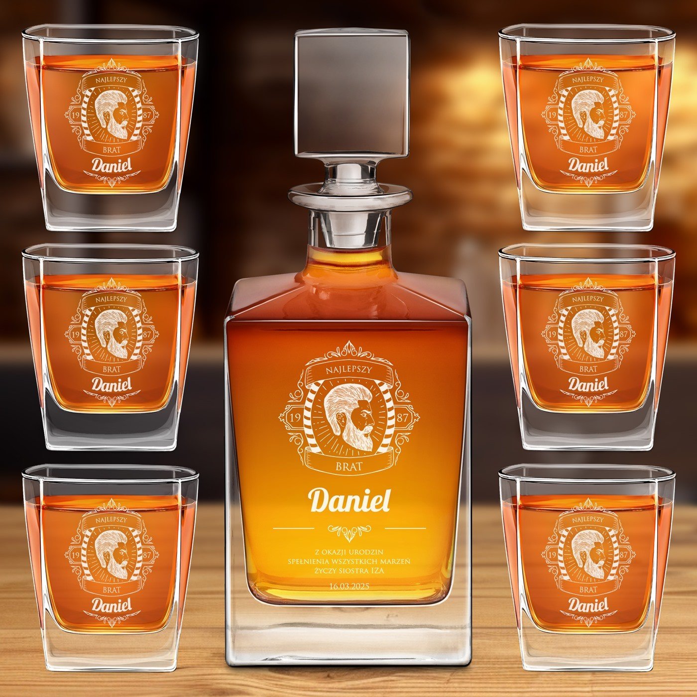 Karafka do whisky cube z 6 szklankami i grawerem dla brata na urodziny