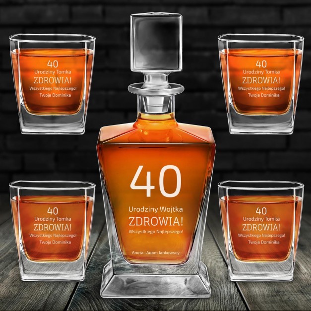 Karafka do whisky pyramid z 4 szklankami capitol i grawerem dla niego na 40 urodziny