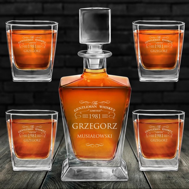 Karafka do whisky pyramid z 4 szklankami capitol i grawerem dla gentlemana na urodziny