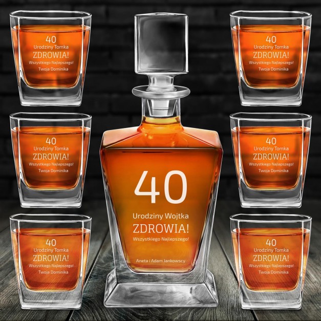 Karafka do whisky pyramid z 6 szklankami capitol i grawerem dla niego na 40 urodziny