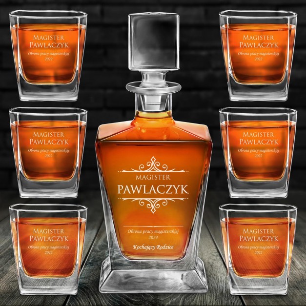 Karafka do whisky pyramid z 6 szklankami capitol i grawerem dla magistra