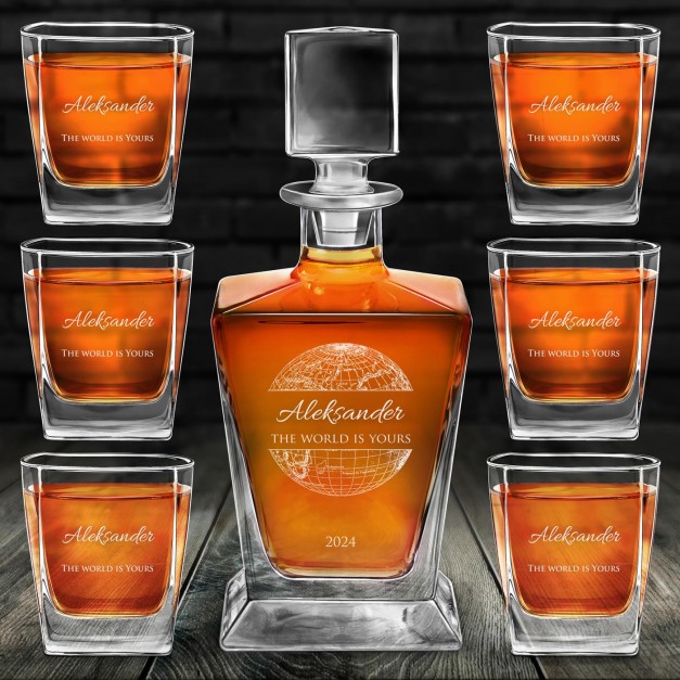 Karafka do whisky pyramid z 6 szklankami capitol i grawerem dla niego podróżnika z okazji awansu imienin urodzin