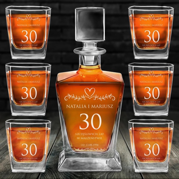 Karafka do whisky pyramid z 6 szklankami capitol i grawerem dla pary na 30 rocznicę ślubu