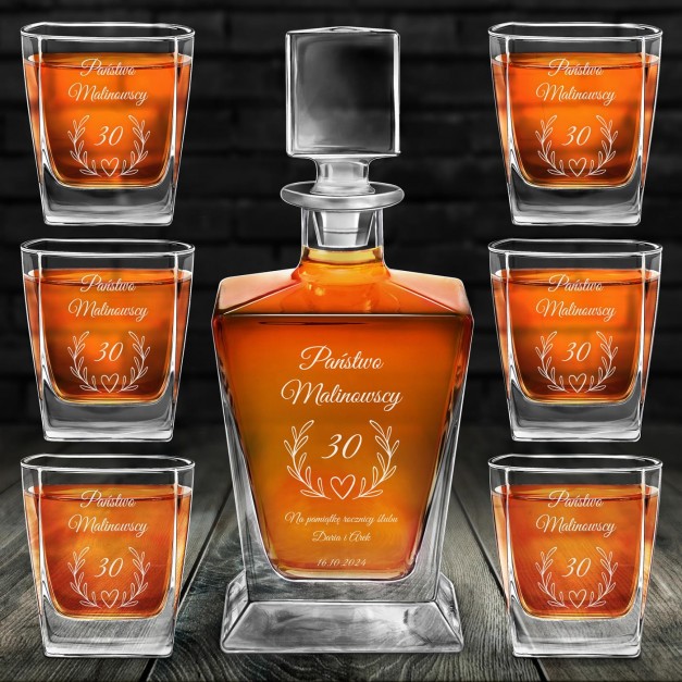 Karafka do whisky pyramid z 6 szklankami capitol i grawerem dla pary na 30 rocznicę