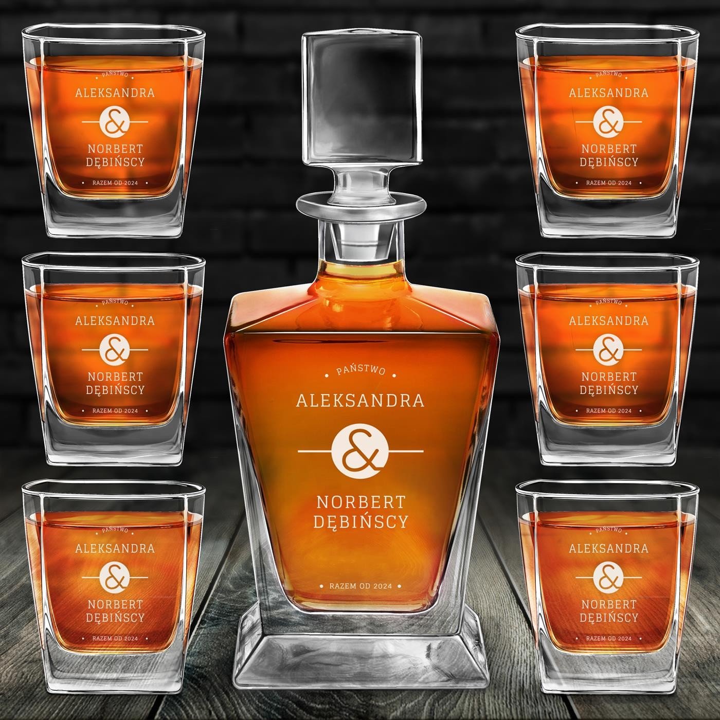 Karafka do whisky pyramid z 6 szklankami capitol i grawerem dla pary na lub rocznic parapetwk