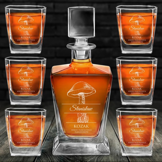 Karafka do whisky pyramid z 6 szklankami capitol i grawerem dla grzybiarza na imieniny