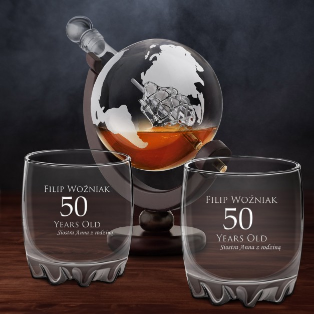 Karafka globus 2 szklanki sylwana zestaw do whisky na 50 urodziny