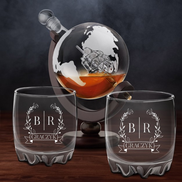 Karafka globus 2 szklanki sylwana zestaw do whisky na ślub