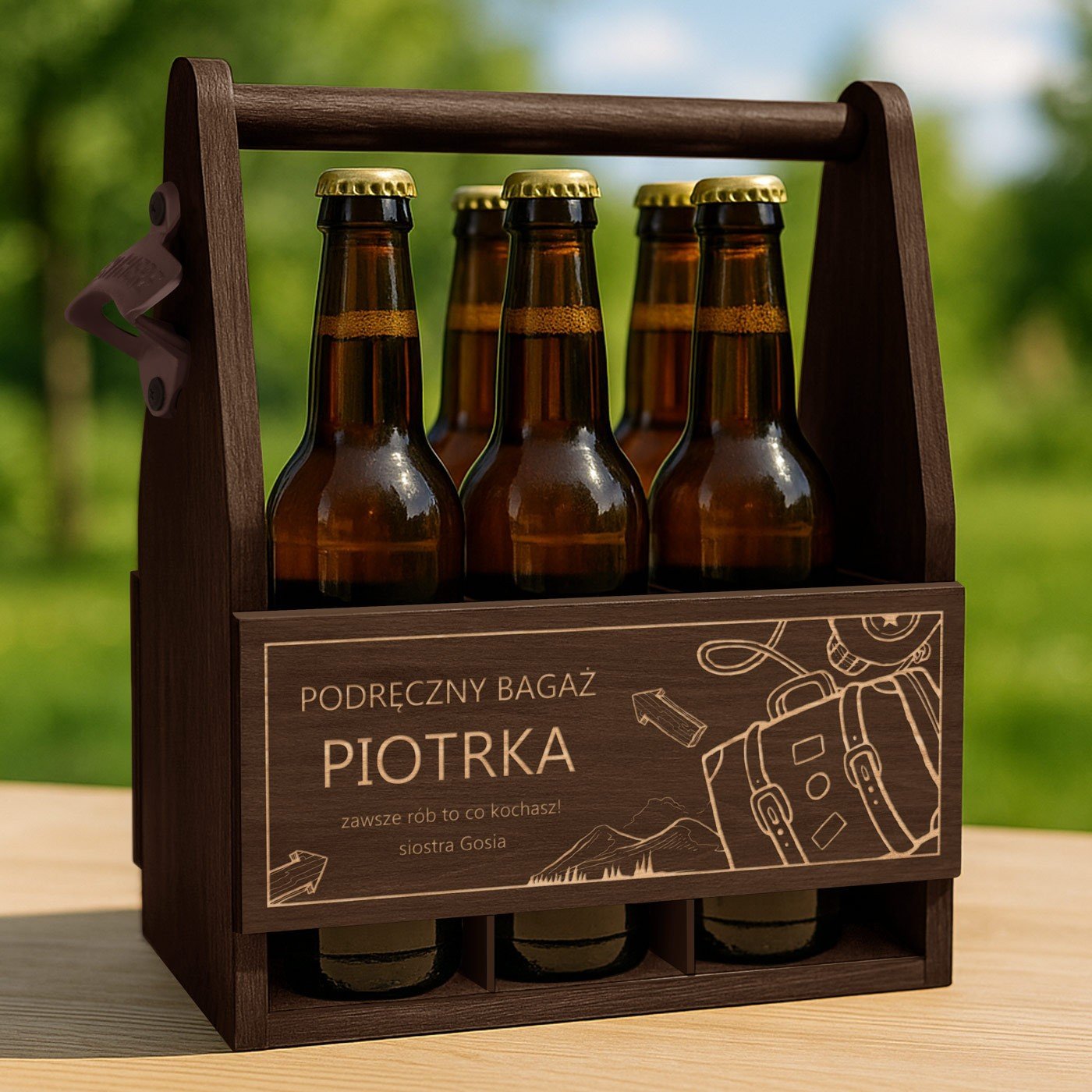 Nosido drewniane na piwo z otwieraczem i grawerem dla podrnika brata