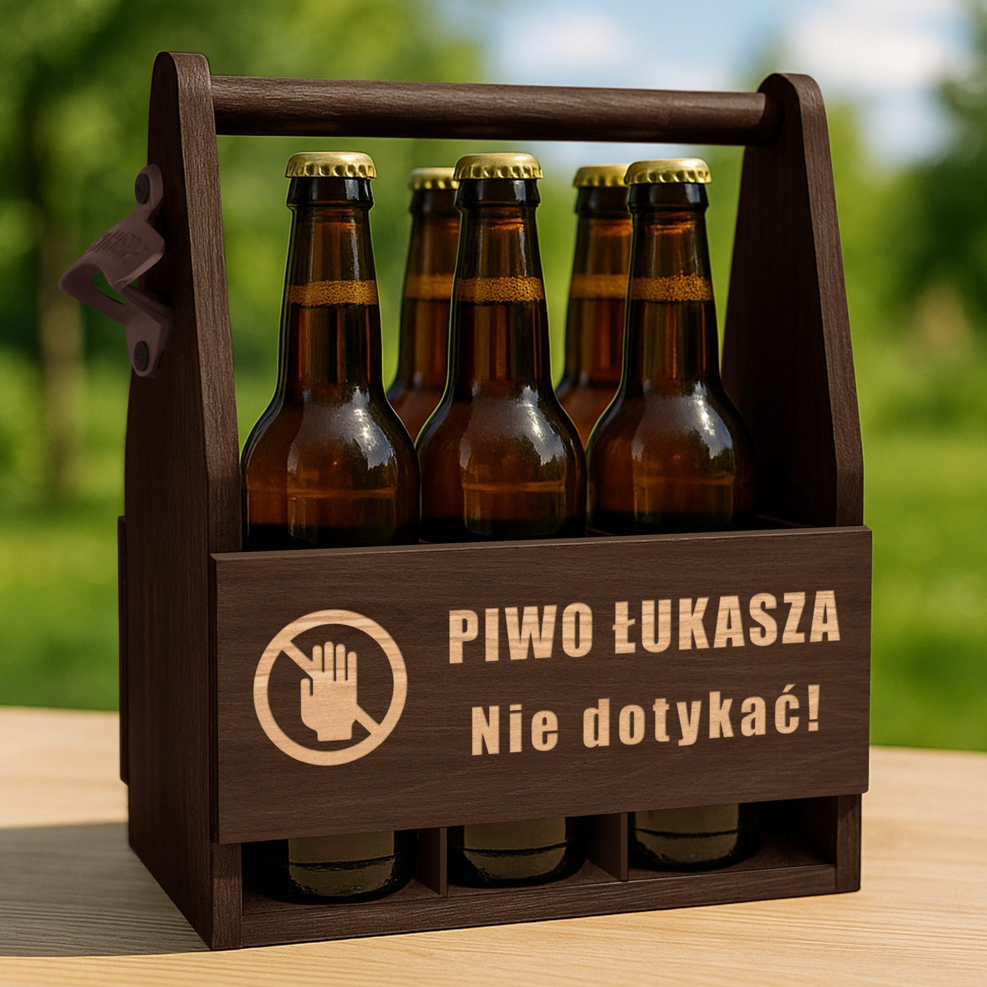 Nosido drewniane na piwo z otwieraczem i grawerem dla niego na imieniny
