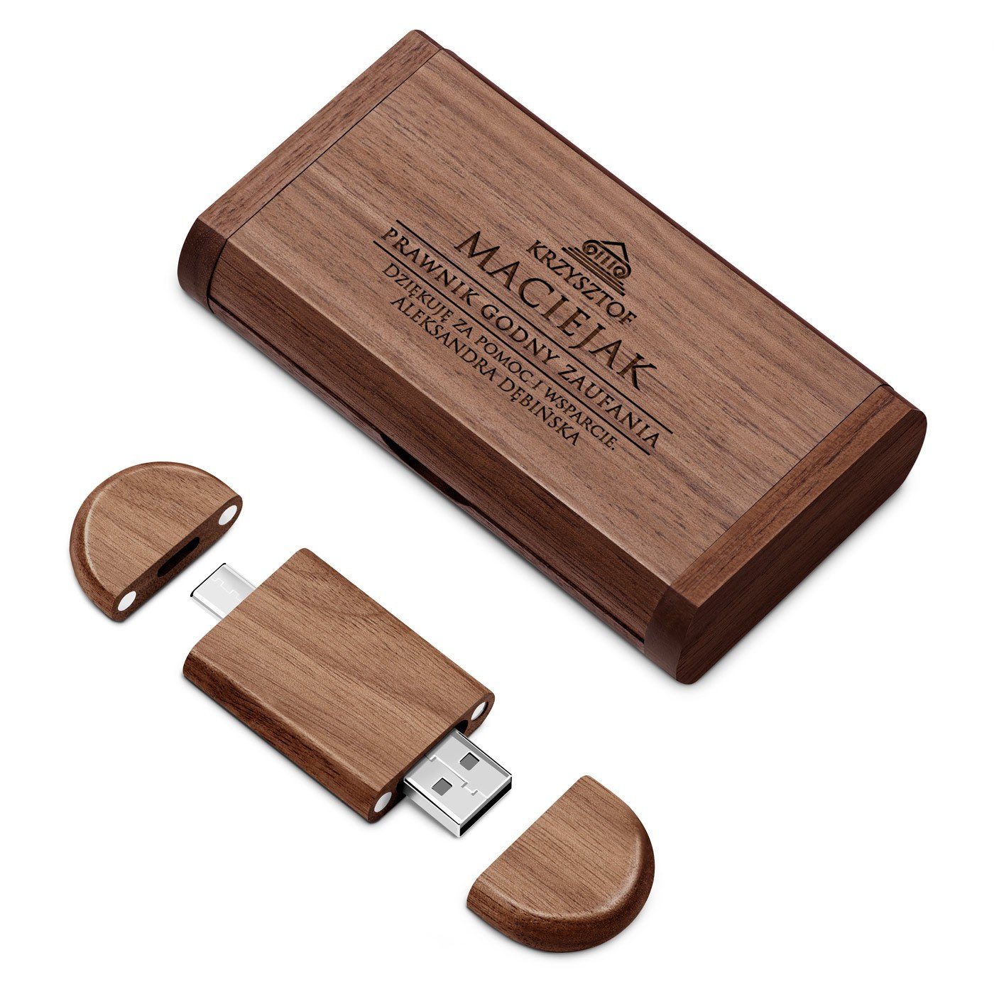 Pendrive drewniany z grawerem 64 GB w magnetycznym pudeku dla prawnika