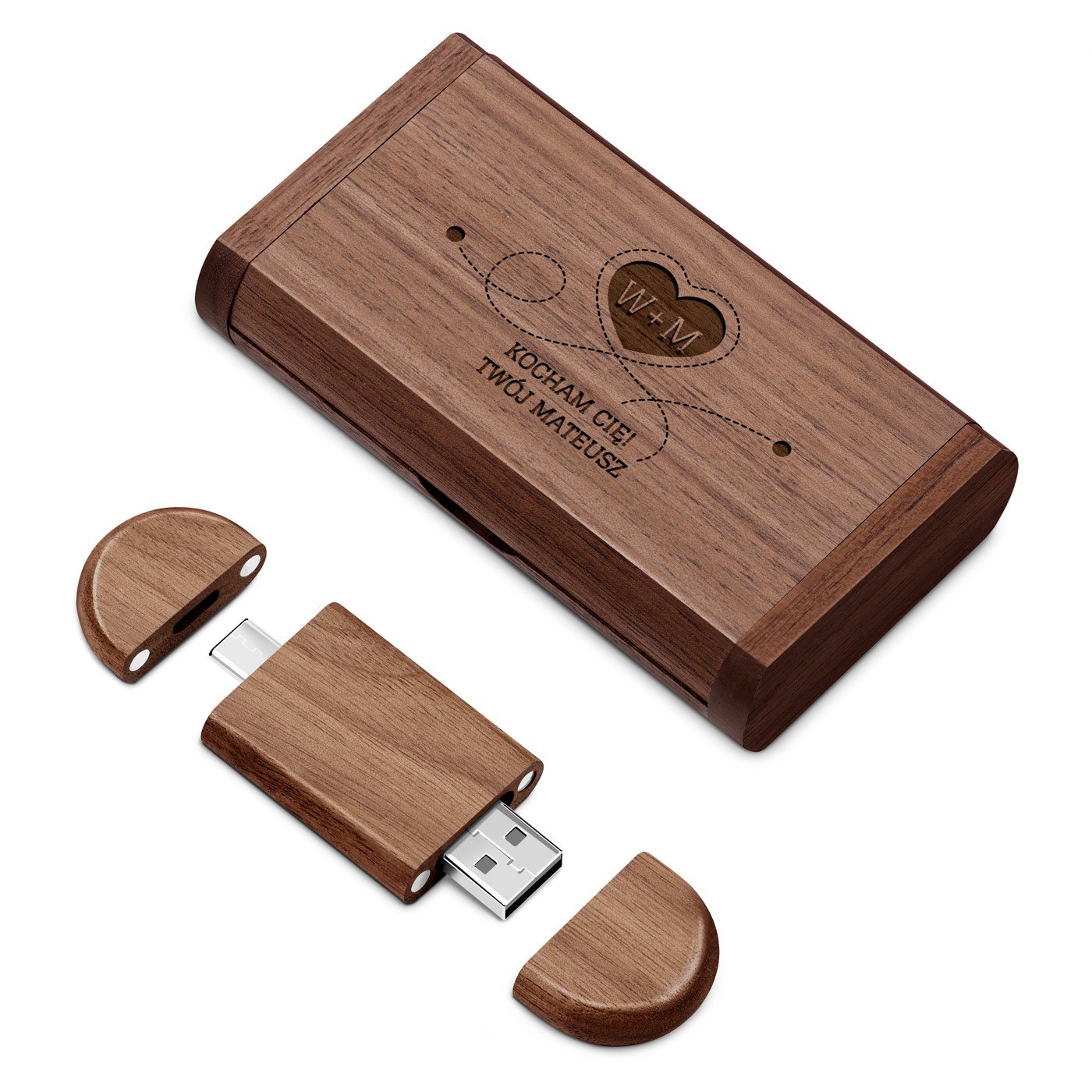 Pendrive drewniany z grawerem 64 GB w magnetycznym pudeku dla niej na walentynki rocznic