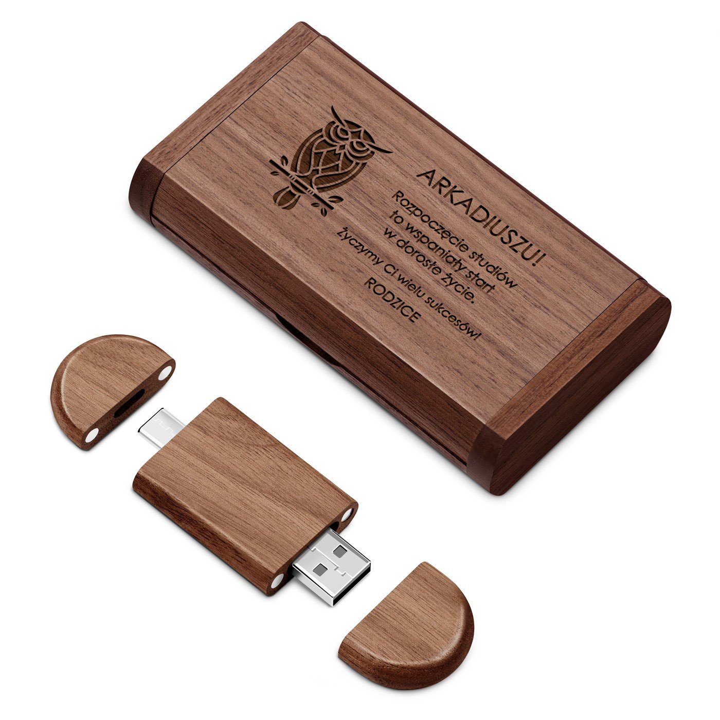 Pendrive drewniany z grawerem 64 GB w magnetycznym pudeku dla studenta nauczyciela magistra