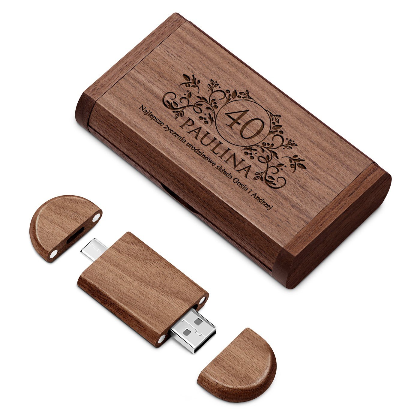 Pendrive drewniany z grawerem 64 GB w magnetycznym pudeku na 40 urodziny